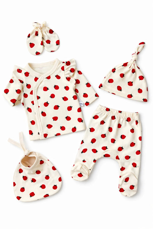 Ensemble Naissance Bébé 5 Pièces Motif Fraise