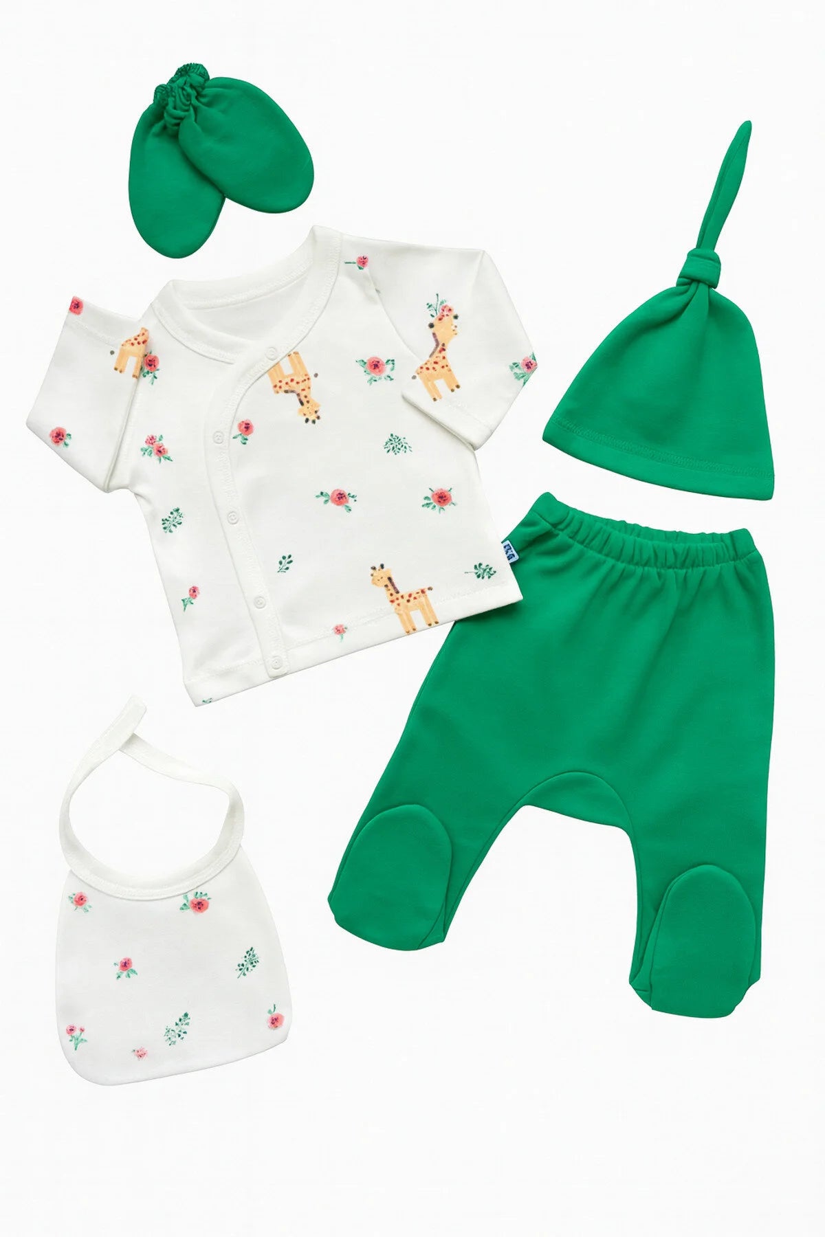 Ensemble Naissance Bébé 5 Pièces Motif Girafe – Vert Nature