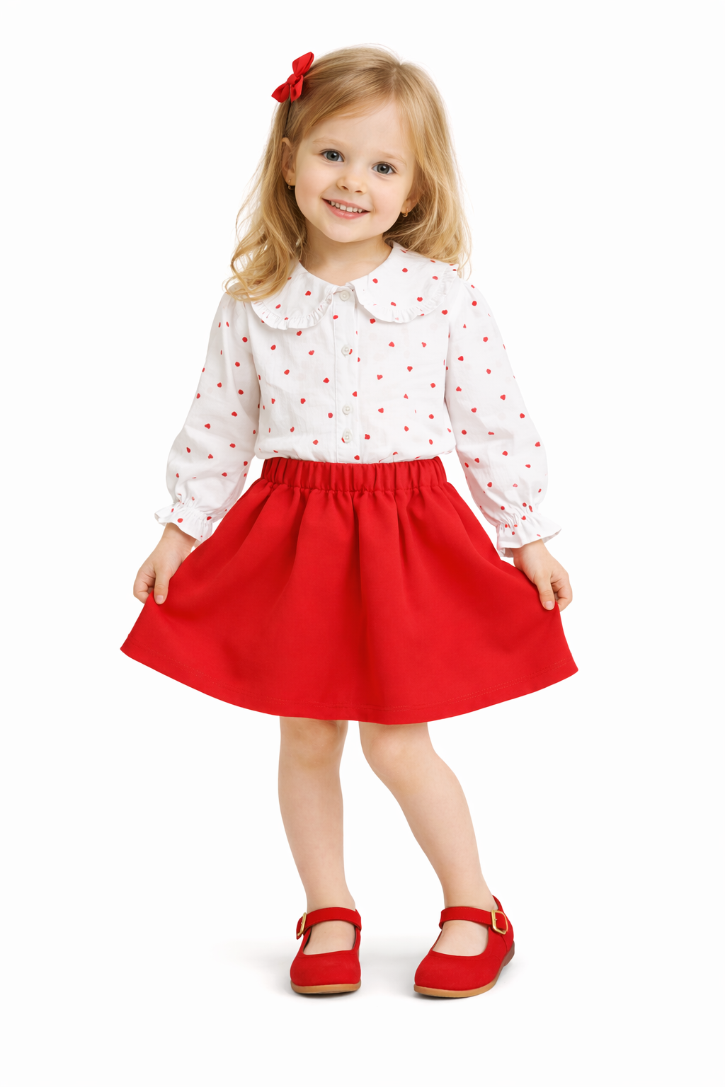 Children's set: blouse with hearts & red skirt – Chic and romantic style ❤️✨
