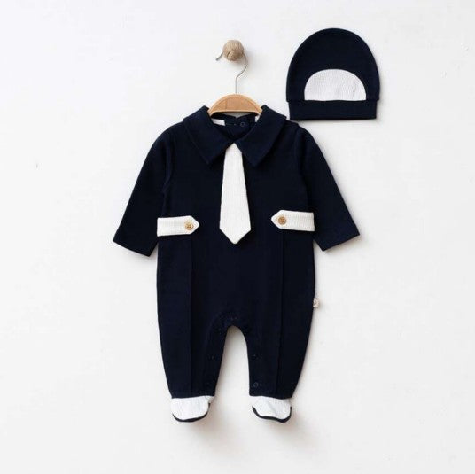 Ensemble naissance bleu marine style costume avec cravate – Élégance chic pour bébé 🤍👔✨