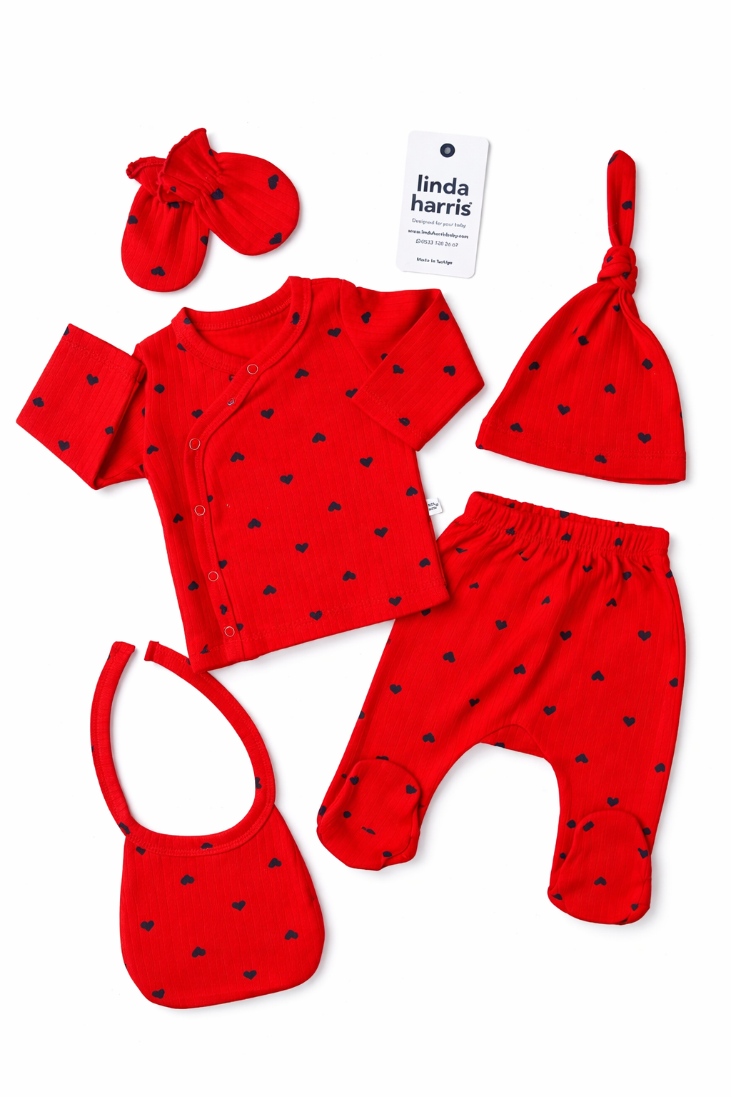Ensemble Naissance Bébé 5 Pièces Motif Cœurs Rouges