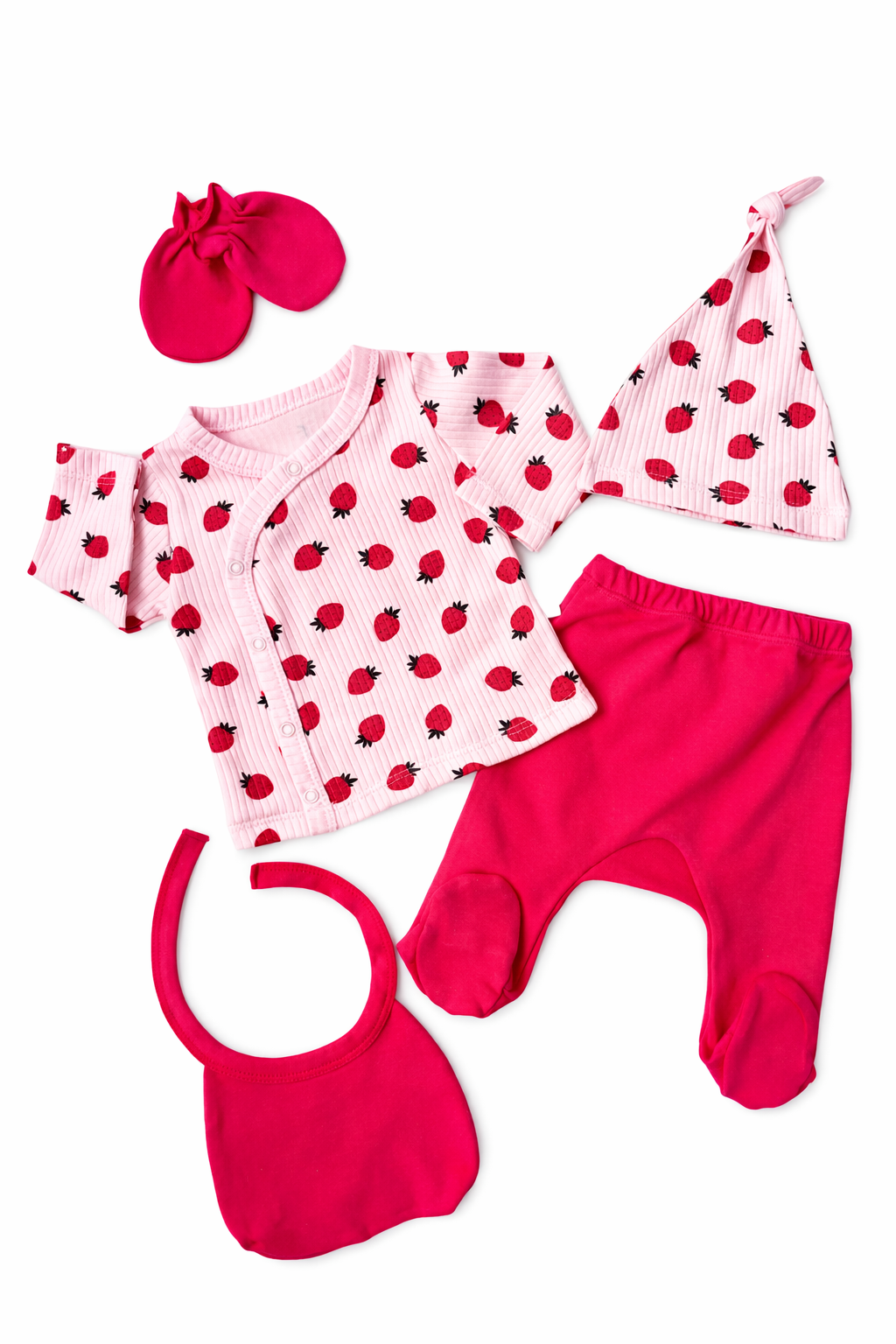 Ensemble Naissance Bébé Fille 5 Pièces Motif Fraise Rose