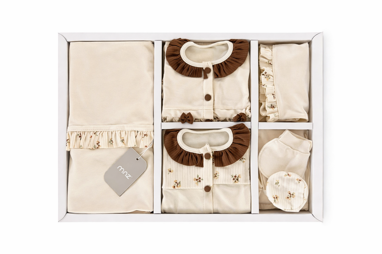 🌸 10-piece baby gift set in cream & chocolate – Elegant Floral Collection ✨