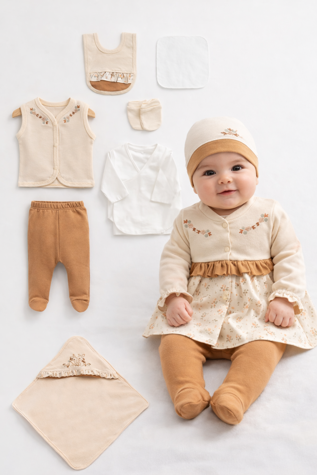 Coffret naissance complet beige & camel – ensemble bébé 10 pièces élégant 🤎