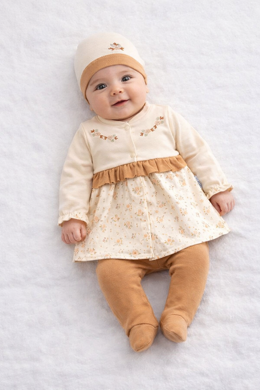 Coffret naissance bébé beige & camel – tenue complète élégante avec robe-gilet 🤎