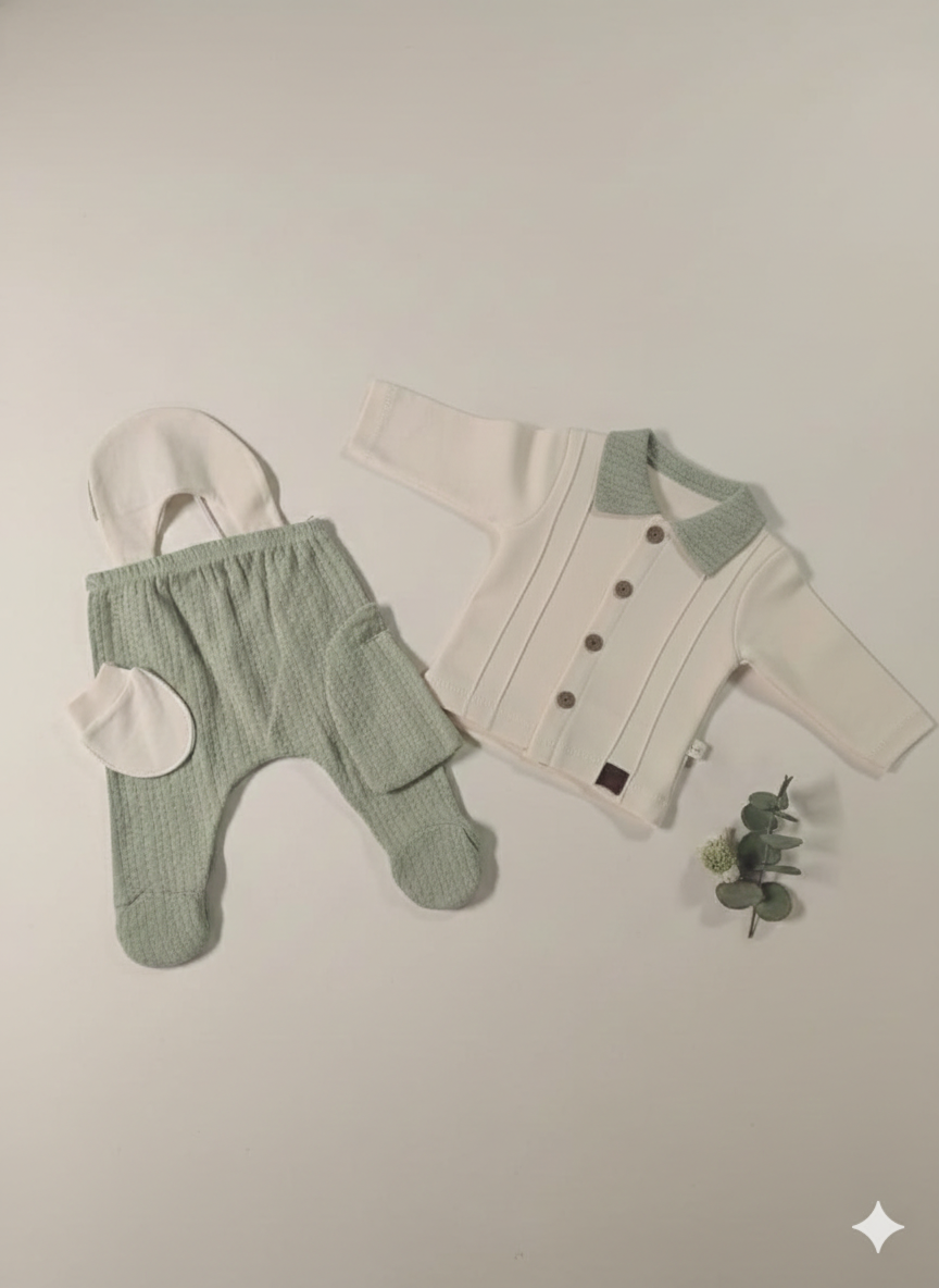 Ensemble Bébé 4 Pièces – Maille Texturée Vert Sauge & Style Rétro