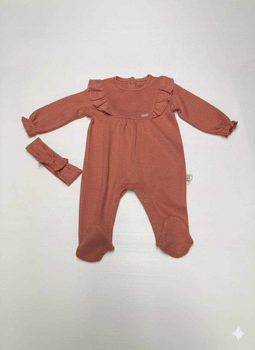 Ensemble Bébé 2 Pièces – Pyjama Volanté & Bandeau Nœud Terracotta