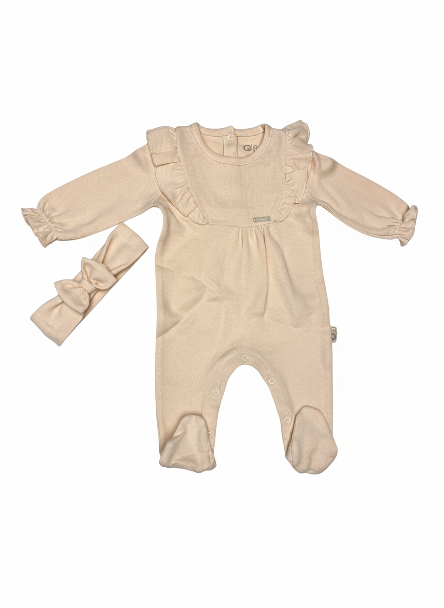 Pyjama Barboteuse Princesse 2 pièces – Coton Beige Crème & Col Élégant