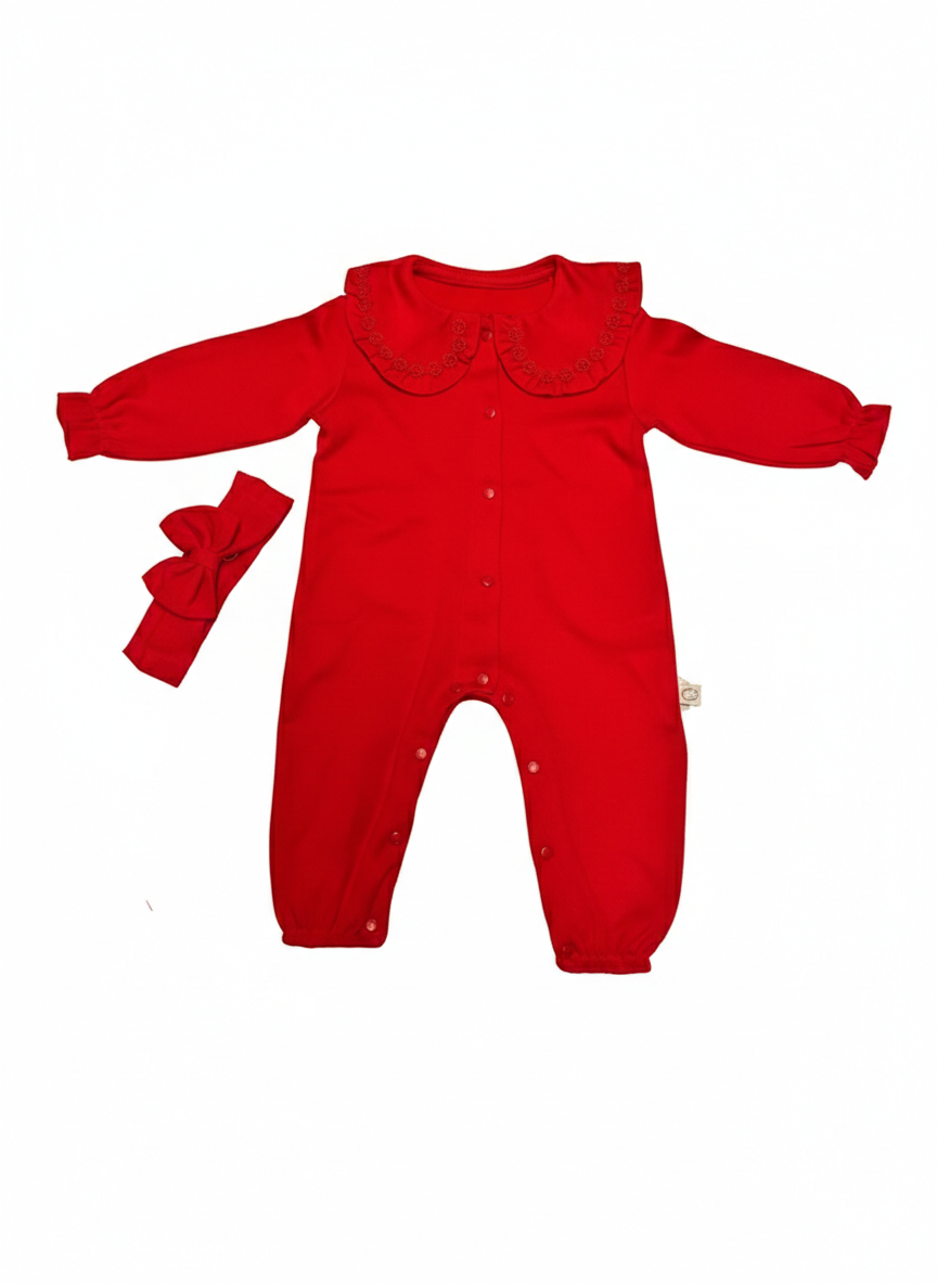 Pyjama Barboteuse 2 pièces en Coton rouge – Style Classique & Boutons
