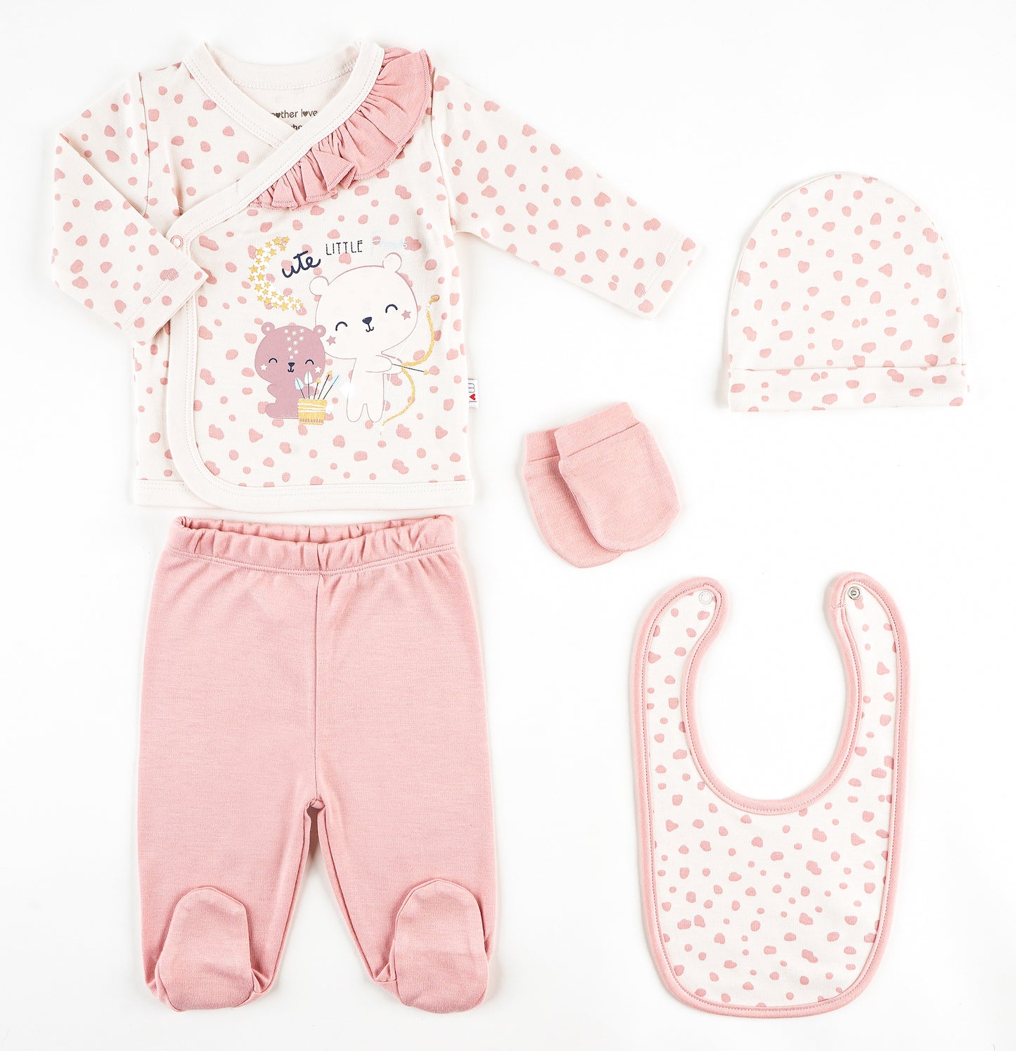 5-piece baby set in powder pink – Teddy bears & little hearts 🌸🐻