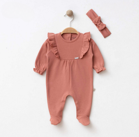 Ensemble Bébé 2 Pièces – Pyjama Volanté & Bandeau Nœud Terracotta