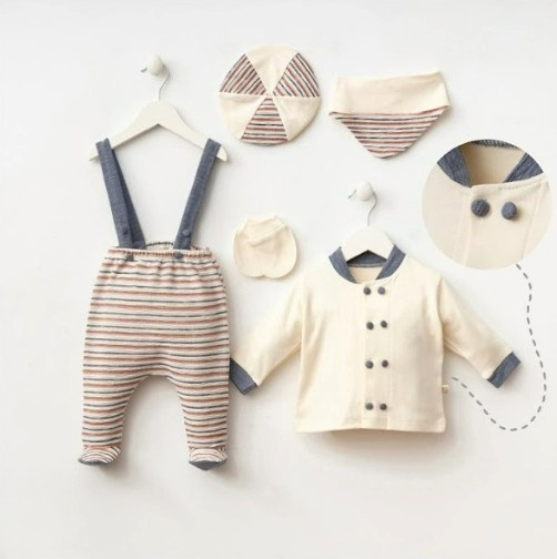 Titel: Gestreiftes Baby-Set in Beige und Blau đ€
