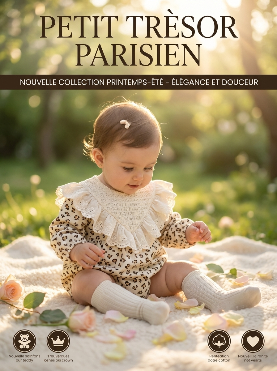 Ensemble Bébé 2 Pièces – Barboteuse Léopard & Col Dentelle Vintage