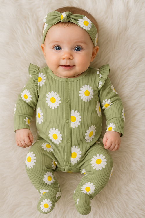 🌼 Pyjama Bébé Bandana – Motif Marguerite