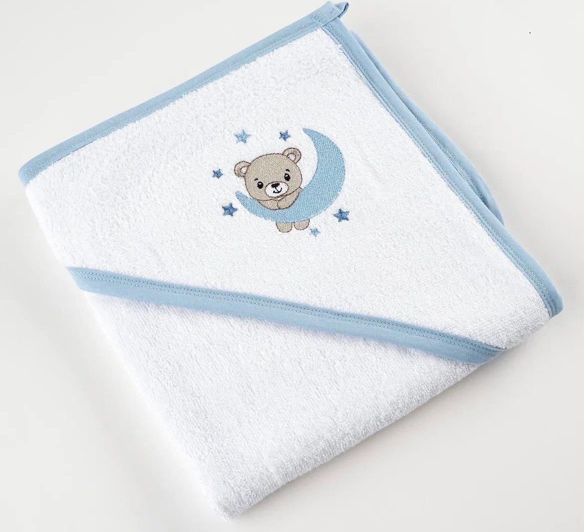 Cape de bain bébé à capuche – Ourson lune & étoiles bleu ciel 🌙💙