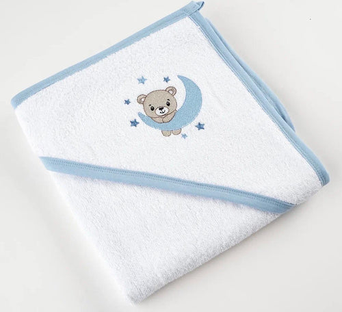 Cape de bain bébé à capuche – Ourson lune & étoiles bleu ciel 🌙💙