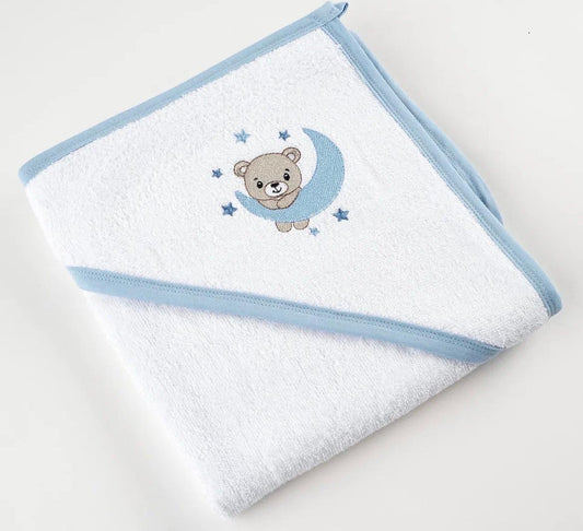 Cape de bain bébé à capuche – Ourson lune & étoiles bleu ciel 🌙💙