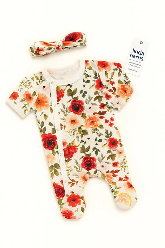 Pyjama Naissance Bébé Fille Motif Floral avec Bandeau