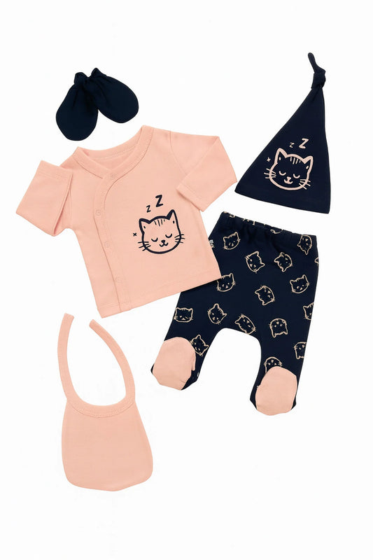 Ensemble Naissance Bébé 5 Pièces Motif Chat