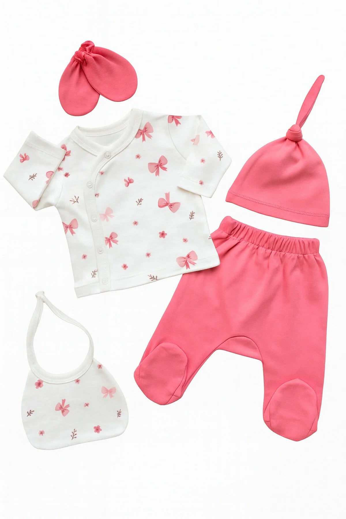 Ensemble Naissance Bébé Fille 5 Pièces Motif Nœuds Roses