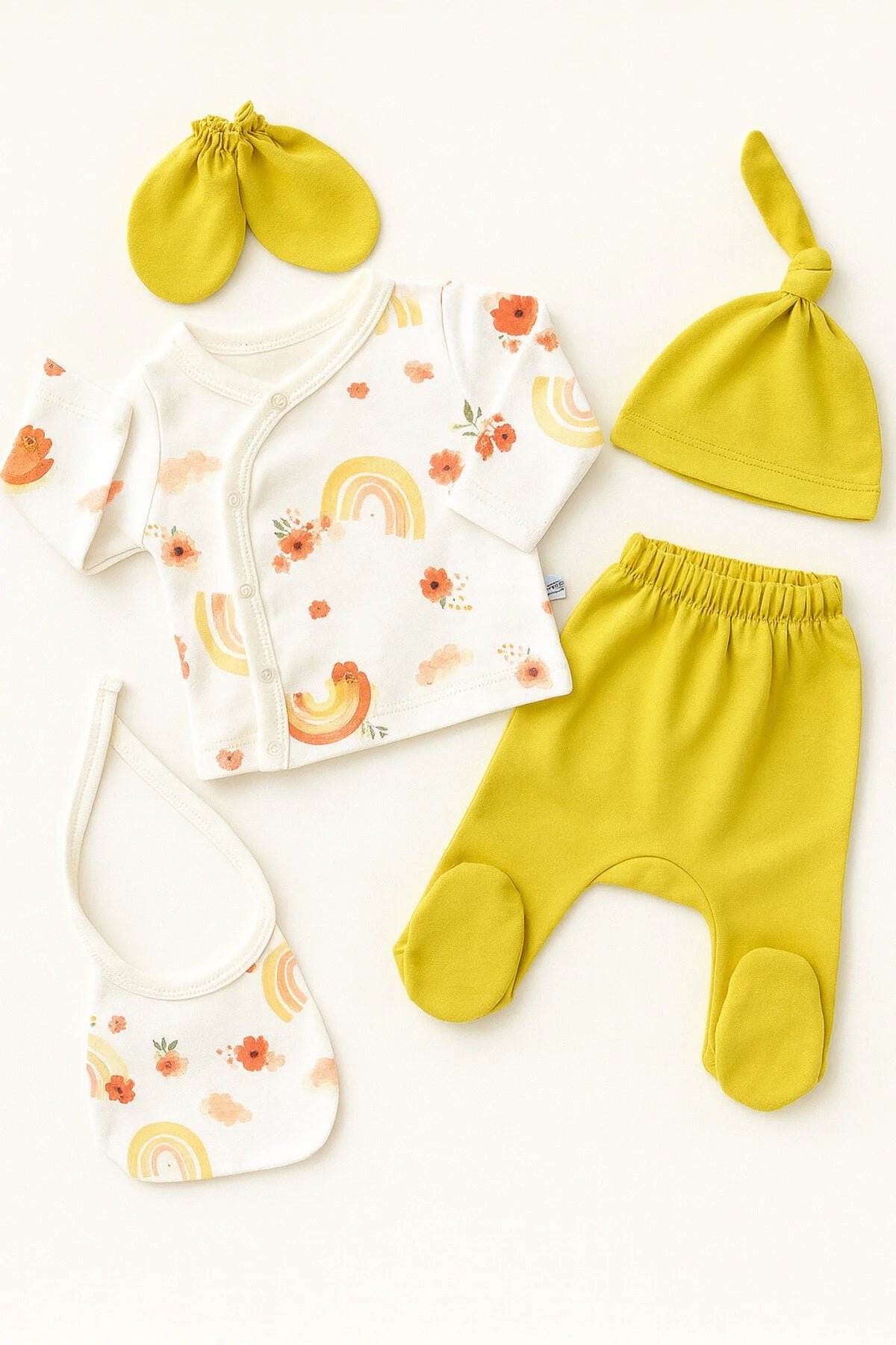 Ensemble Naissance Bébé 5 Pièces Motif Arc-en-Ciel & Fleurs – Jaune Moutarde