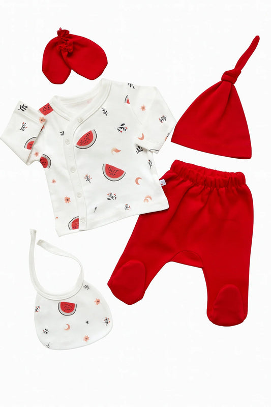 Ensemble Naissance Bébé 5 Pièces Motif Pastèque – Rouge