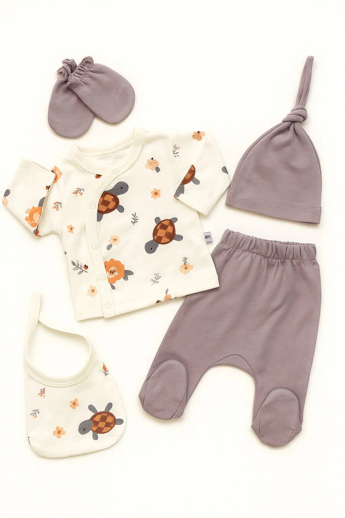 Ensemble Naissance Bébé 5 Pièces Motif Tortue – Gris Doux
