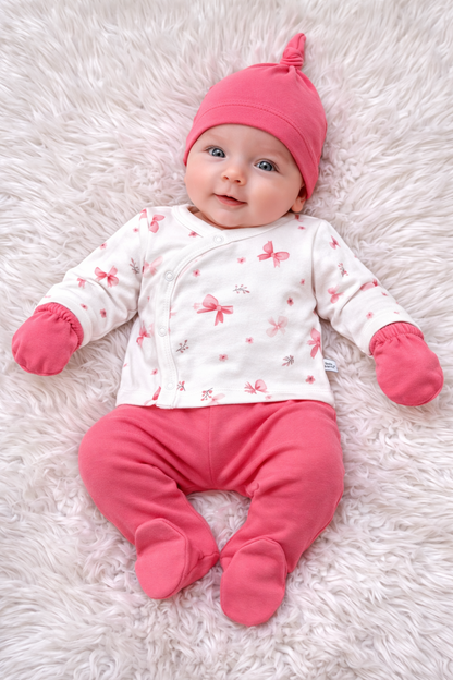 Ensemble Naissance Bébé Fille 5 Pièces Motif Nœuds Roses