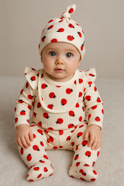 Ensemble Naissance Bébé 5 Pièces Motif Fraise