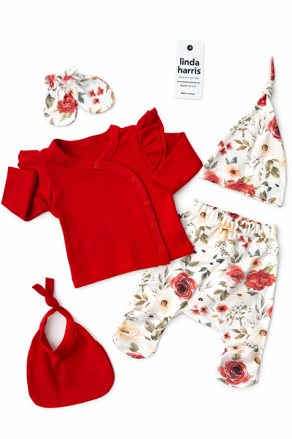 Ensemble Naissance Bébé Fille 5 Pièces Rouge & Floral