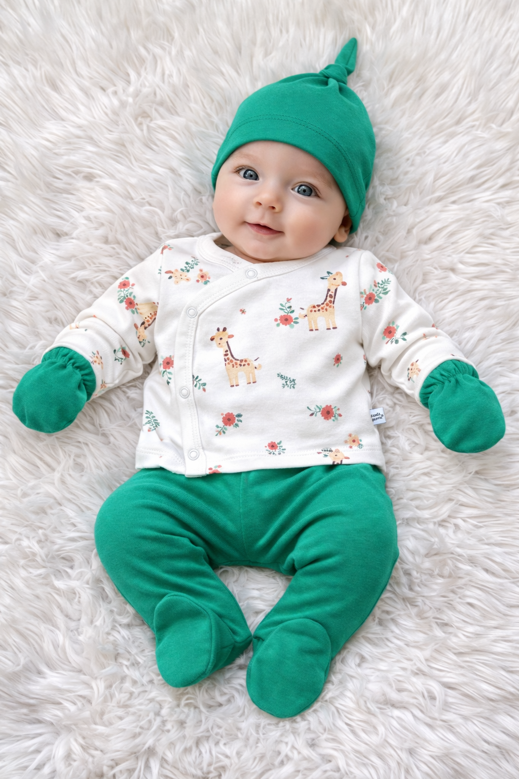 Ensemble Naissance Bébé 5 Pièces Motif Girafe – Vert Nature