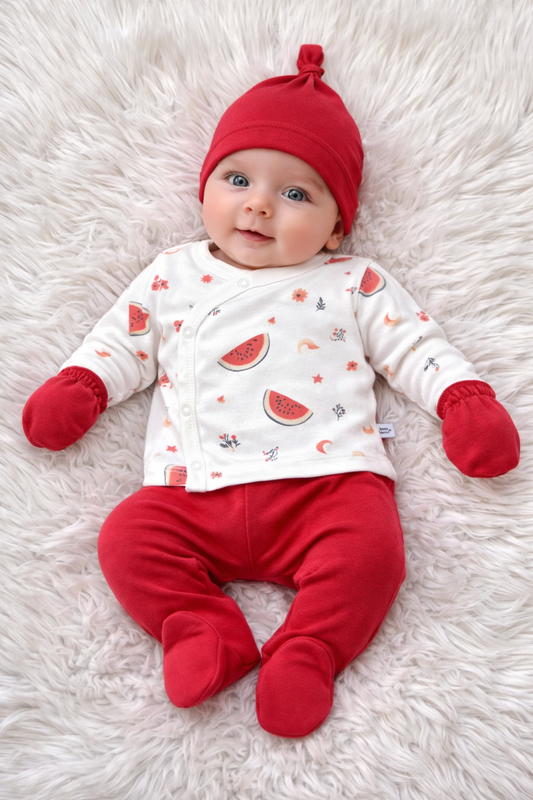 Ensemble Naissance Bébé 5 Pièces Motif Pastèque – Rouge