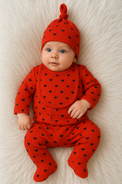 Ensemble Naissance Bébé 5 Pièces Motif Cœurs Rouges
