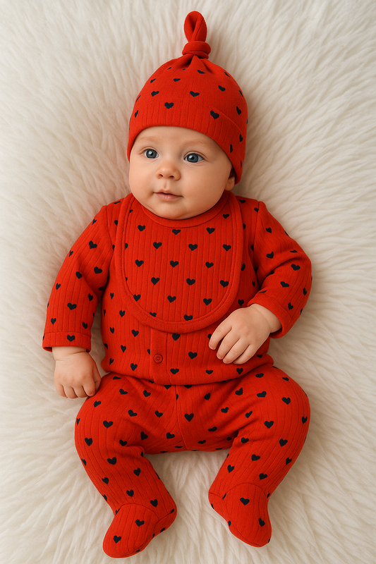 Ensemble Naissance Bébé 5 Pièces Motif Cœurs Rouges