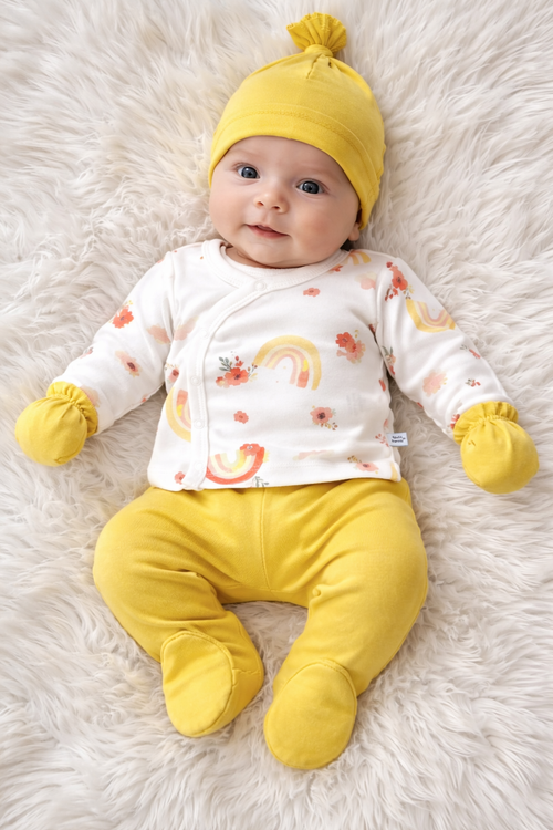 Ensemble Naissance Bébé 5 Pièces Motif Arc-en-Ciel & Fleurs – Jaune Moutarde