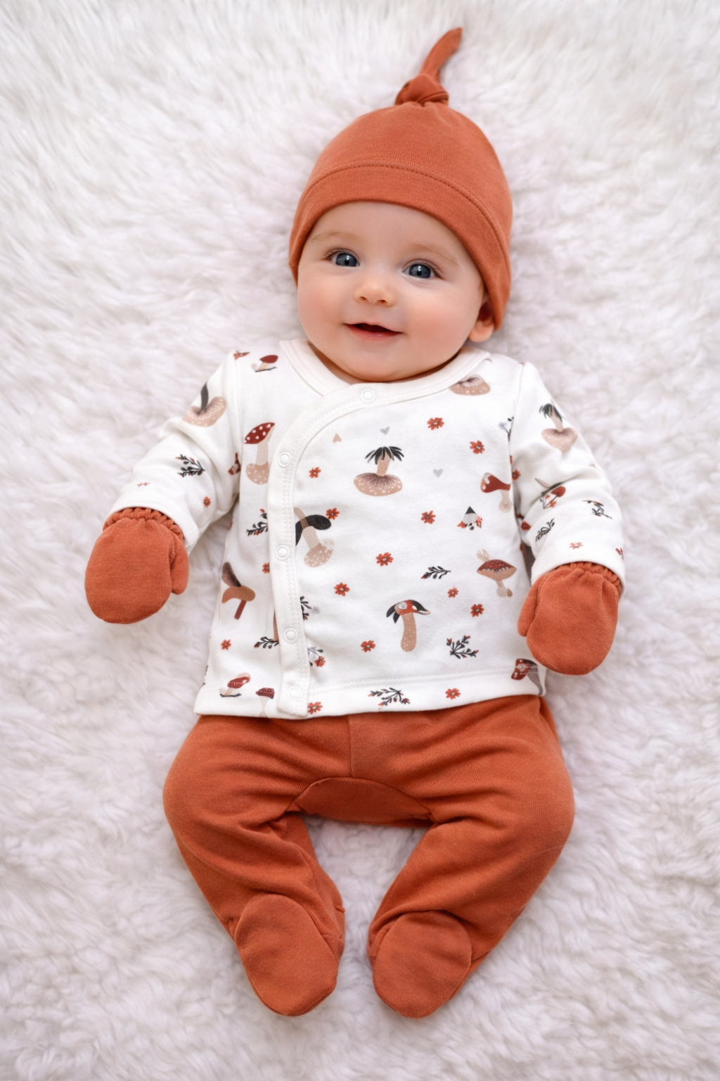 Ensemble Naissance Bébé 5 Pièces Motif Champignons – Tons Terracotta