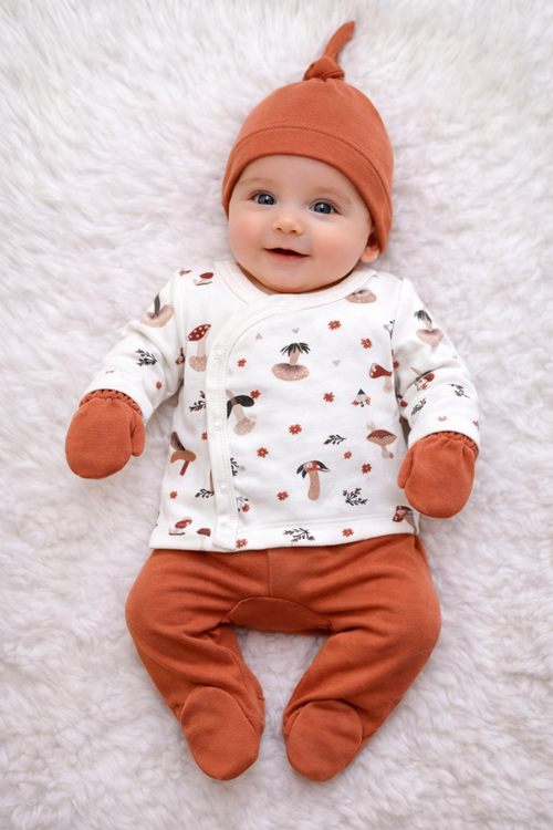 Ensemble Naissance Bébé 5 Pièces Motif Champignons – Tons Terracotta