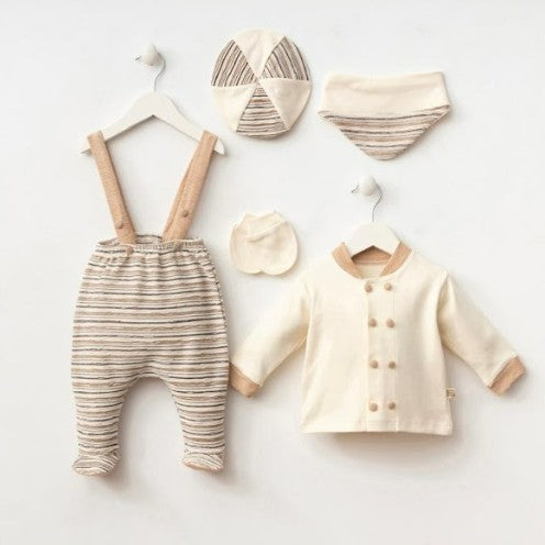 Ensemble naissance beige rayé – Tenue complète douce et élégante pour bébé 🤍