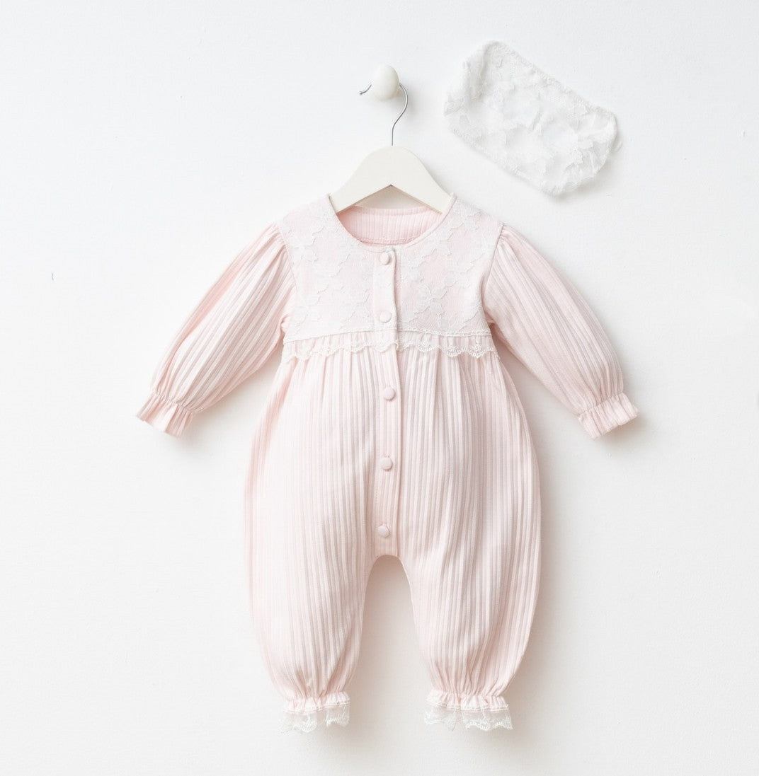 Ensemble naissance rose poudré avec bandeau – douceur et élégance pour bébé 🌸✨