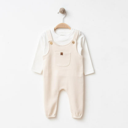 Ensemble naissance salopette écrue et body blanc – douceur et élégance pour bébé 🤍✨