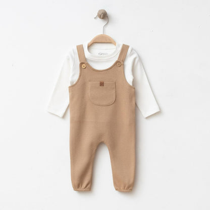 Ensemble naissance beige camel salopette et body – douceur et élégance pour bébé 🤍✨