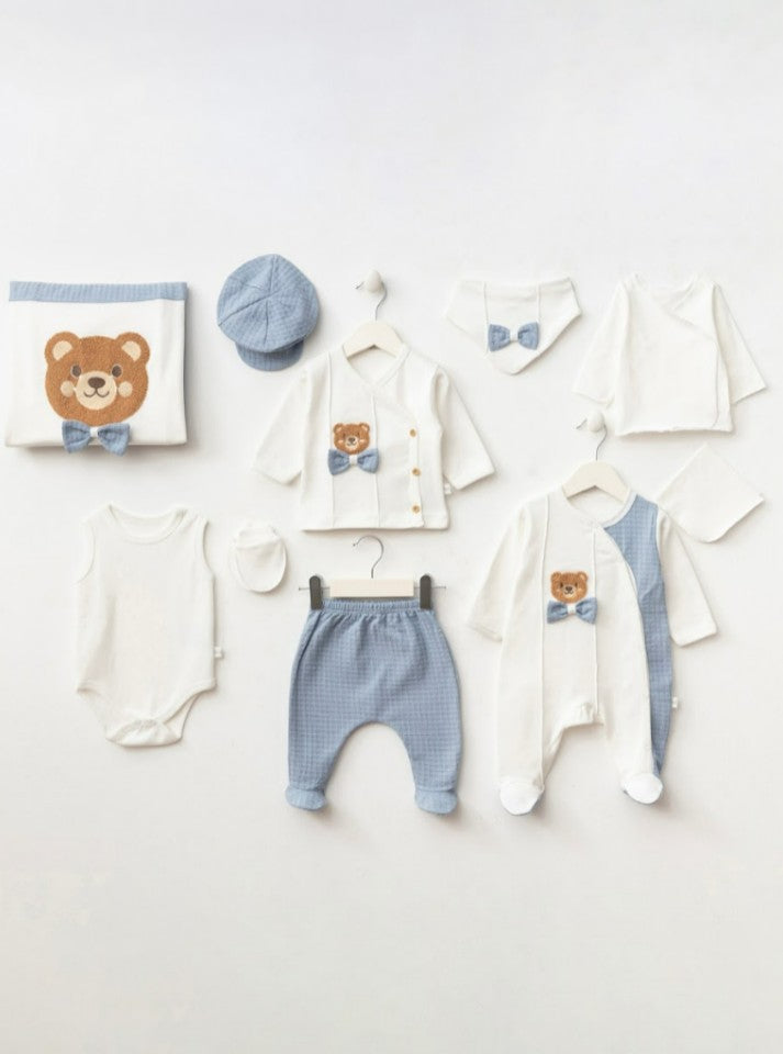 🧸💙 Coffret naissance 10 pièces crème & bleu – Collection Ourson Chic et Élégante ✨