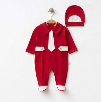 Ensemble naissance rouge style costume avec cravate – Élégance et originalité pour bébé ❤️👔✨