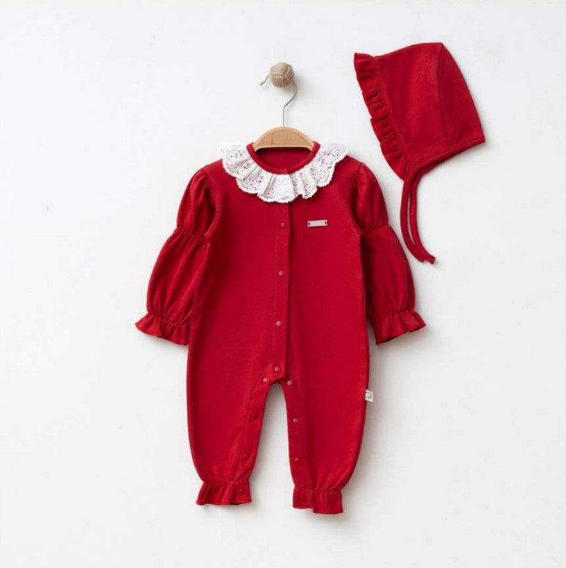 Ensemble bébé rouge élégant avec col en dentelle et béguin assorti ❤️👶
