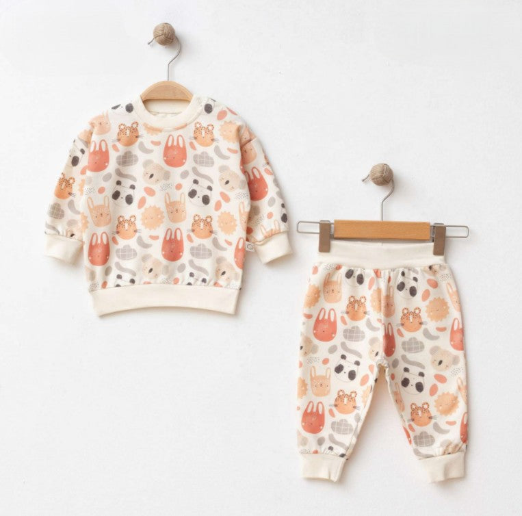 Ensemble bébé motifs animaux écru – Sweat & pantalon confort doux 🧸🤍✨