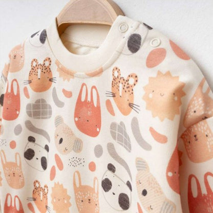 Ensemble bébé motifs animaux écru – Sweat & pantalon confort doux 🧸🤍✨