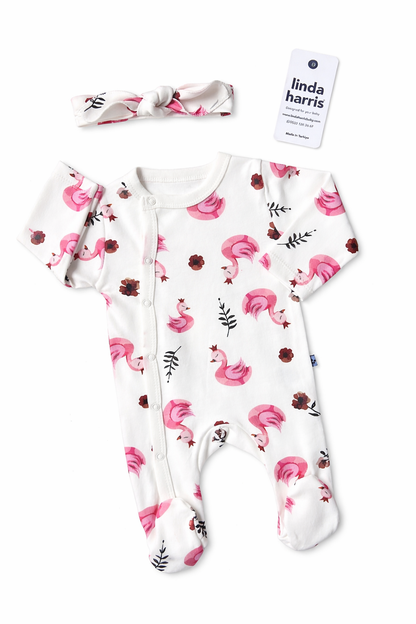 Pyjama Naissance Bébé Fille Motif Cygne avec Bandeau