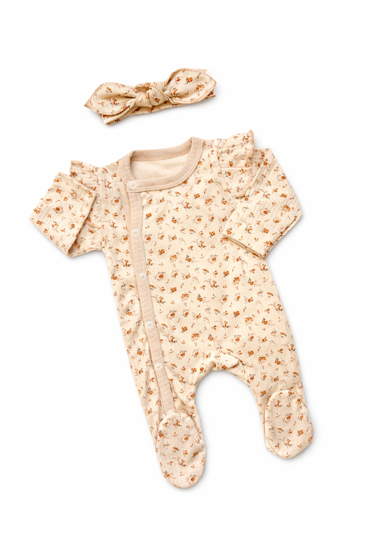 Pyjama Naissance Bébé Fille Motif Floral Beige avec Bandeau