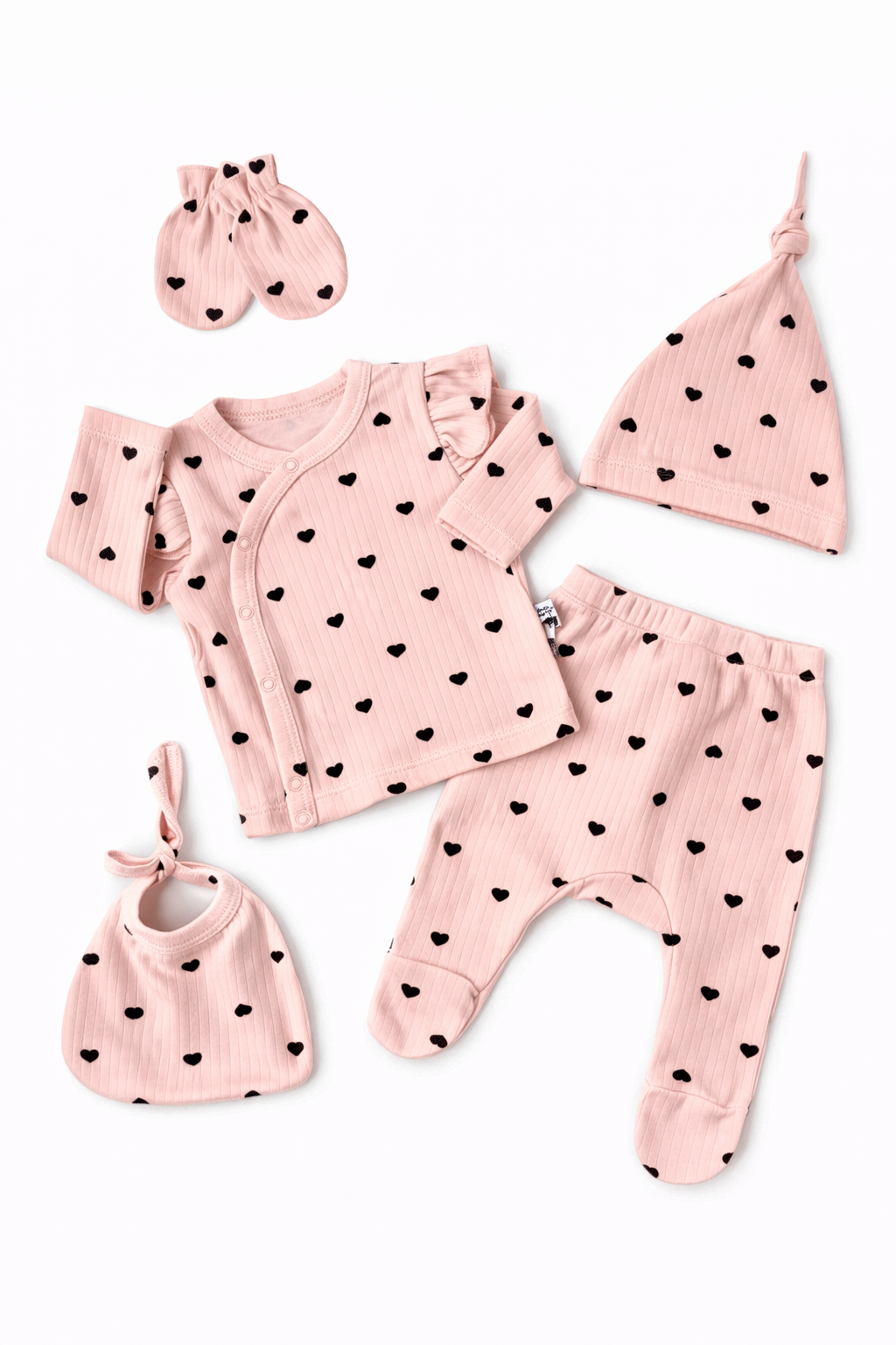 💕 Ensemble Naissance Cœurs – Rose Poudré | Lot de 5 Pièces