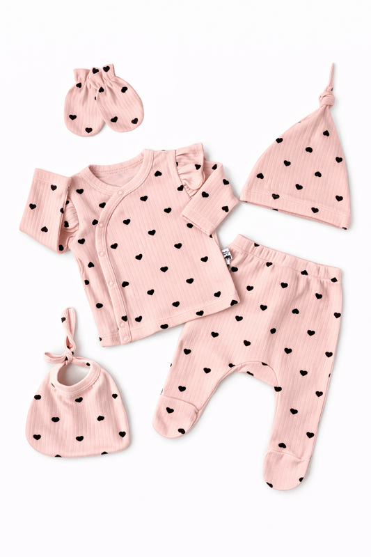 💕 Ensemble Naissance Cœurs – Rose Poudré | Lot de 5 Pièces